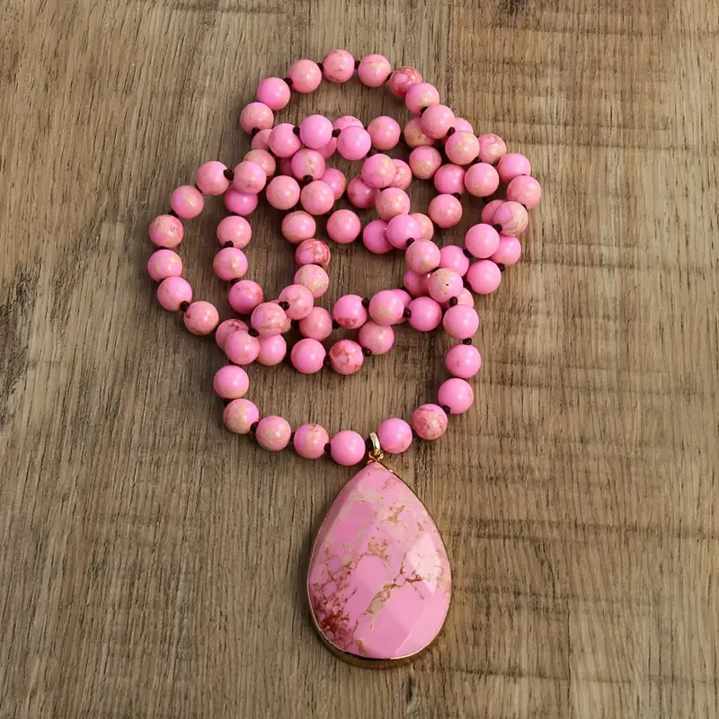 bohemian style womens fashion necklace 8mm beaded knotting multicolor stone teardrop pendant no power required jewelry for daily wear and gifts pride month celebration accessory 4