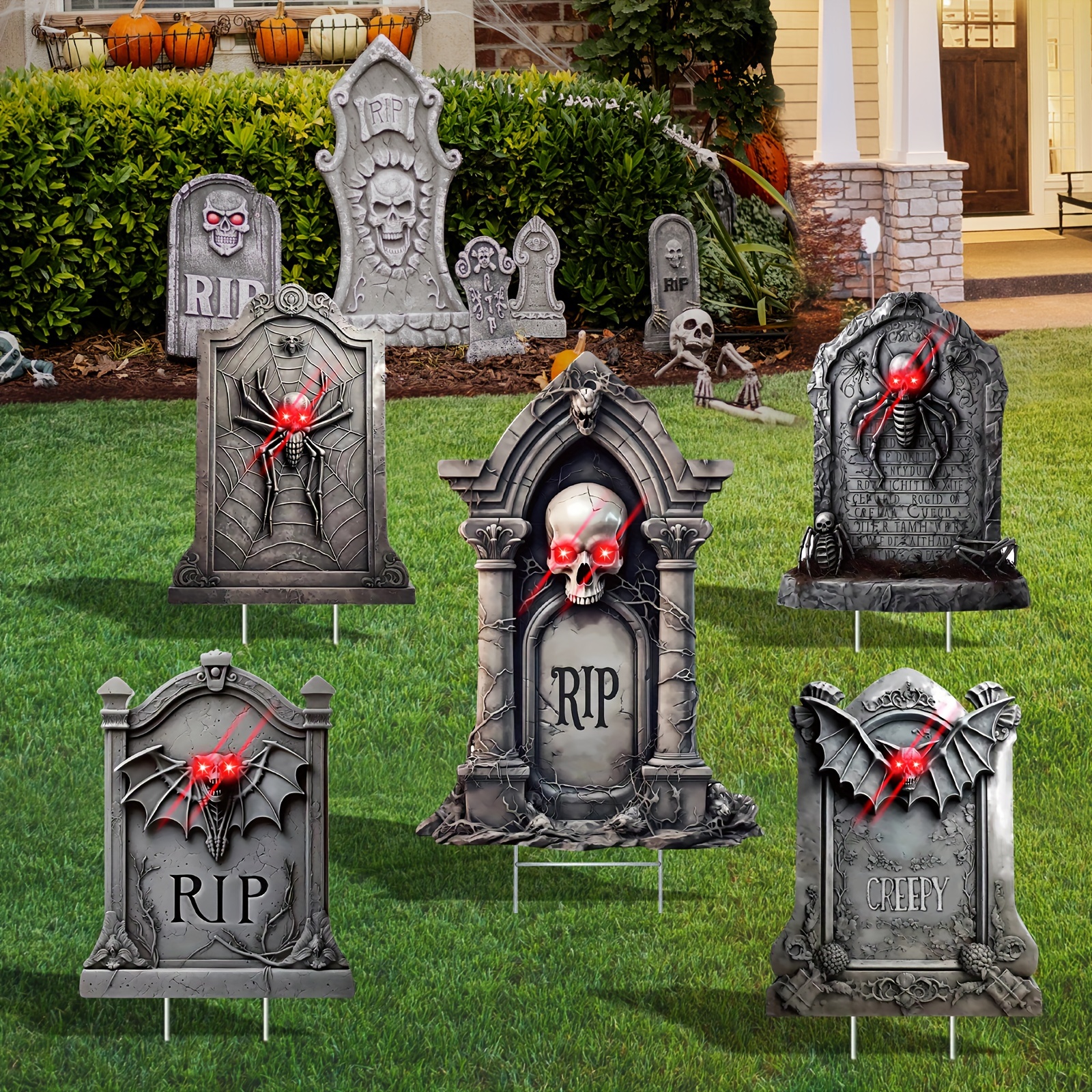 

5 Pack Tombstone Halloween Decorations Plastic Yard Signs With Lighted Eye, Halloween Decorations Outdoor, Scary Silhouette With Glow In For Outdoor Yard Lawn Garden Halloween Decor, Last