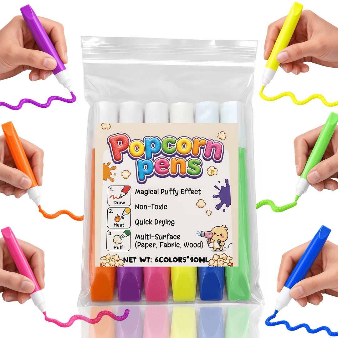 TEMU 6pcs Stylos Popcorn Marqueurs de Peinture Bulles 3D, Fournitures d'Art d'Artisanat , Fête de Thanksgiving, pour sur Papier Verre Plastique