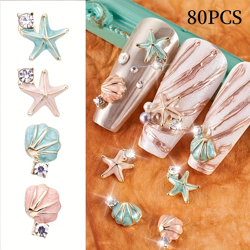 Image of 80pcs Ocean Theme Enamel Handmade Oil Nail Charms With Rhinestones, Nail Additions For Nail Decoration, Nail Supplies