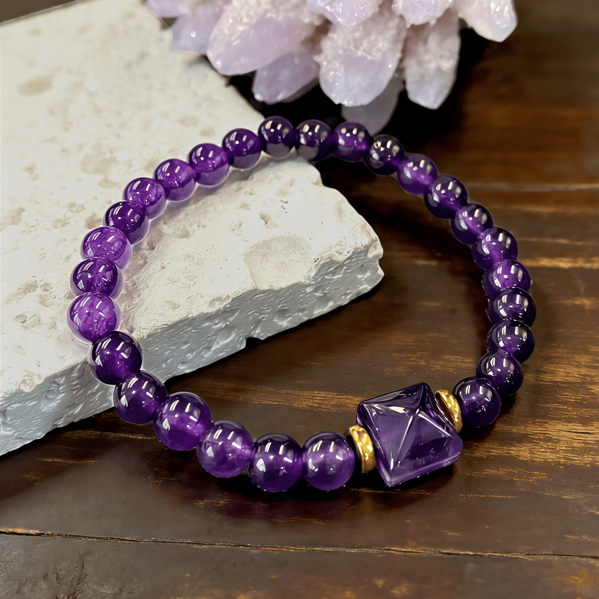 TEMU 1pc Natural Amethyst Bracelet, Pyramid Amethyst With Golden Spacer Design, Accessory For Women, A Birthstone Gift For Daily Wear, A Symbol Of