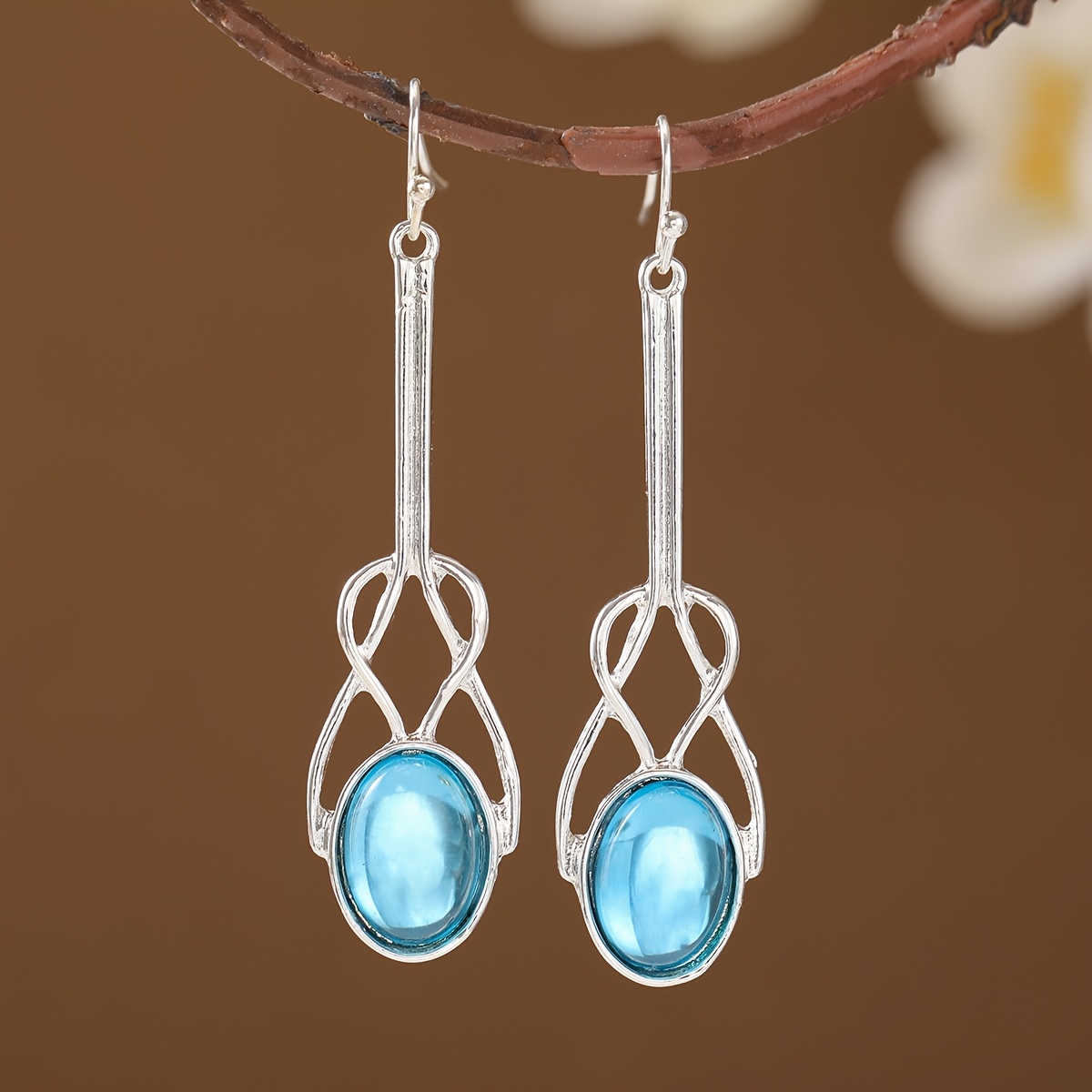 TEMU Retro Style Hollow Rope Knot Oval Gemstone Long Women's Earrings Suitable For Parties Gatherings Daily Temperament Jewelry