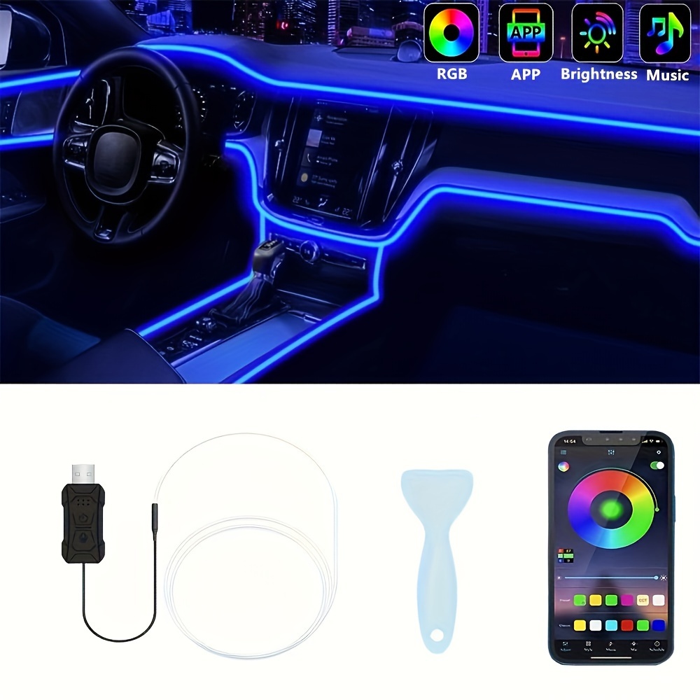 TEMU 1 Set 196-inch Car Interior Led Light Bar, Car Ambient Light Usb Lights, Car Interior Led Strip Lights, App-controlled, Rgb Music Sync, Fiber