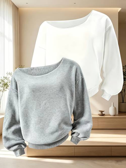 Artikelbild damen herbst winter 2-teiliges set lässig bequem vielseitig off-shoulder stil einfarbig sportliches oberteil