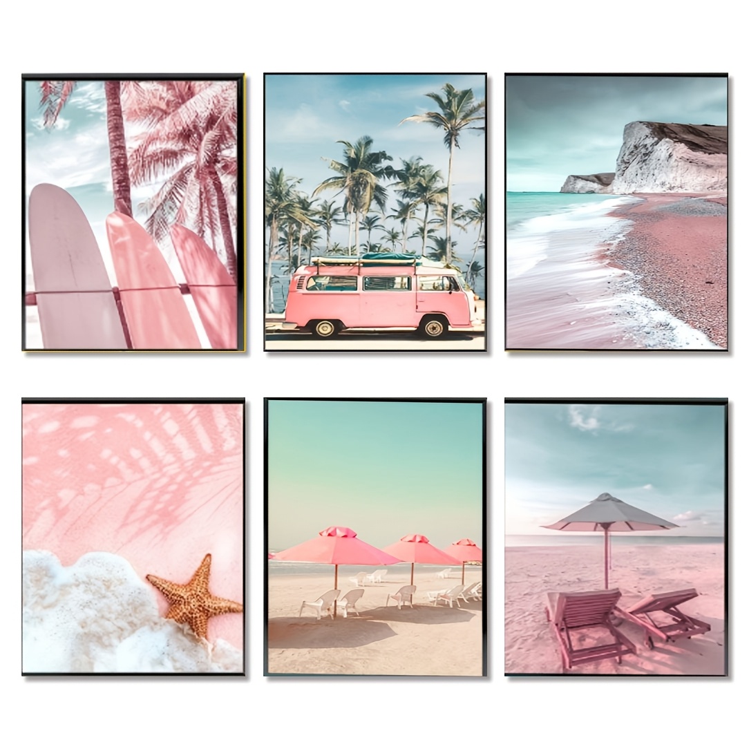 

6pcs Beach For Living Room Bathroom Themed Picture Poster Print Wall Decor Beach Chairs Starfish Surfboard Palm Tree For Home Decorations 8*10inches