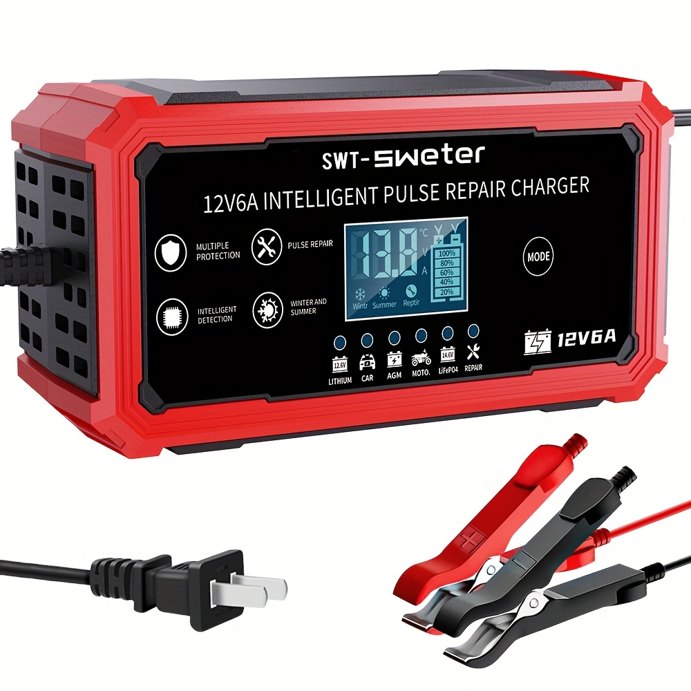 TEMU Smart 12v Car Battery Charger & Maintainer Without Battery - 6a Repair, Lcd Display, Temperature For Agm, Gel, Sla & Wet Batteries, 4-100ah Range, Gift For Valentine's Day