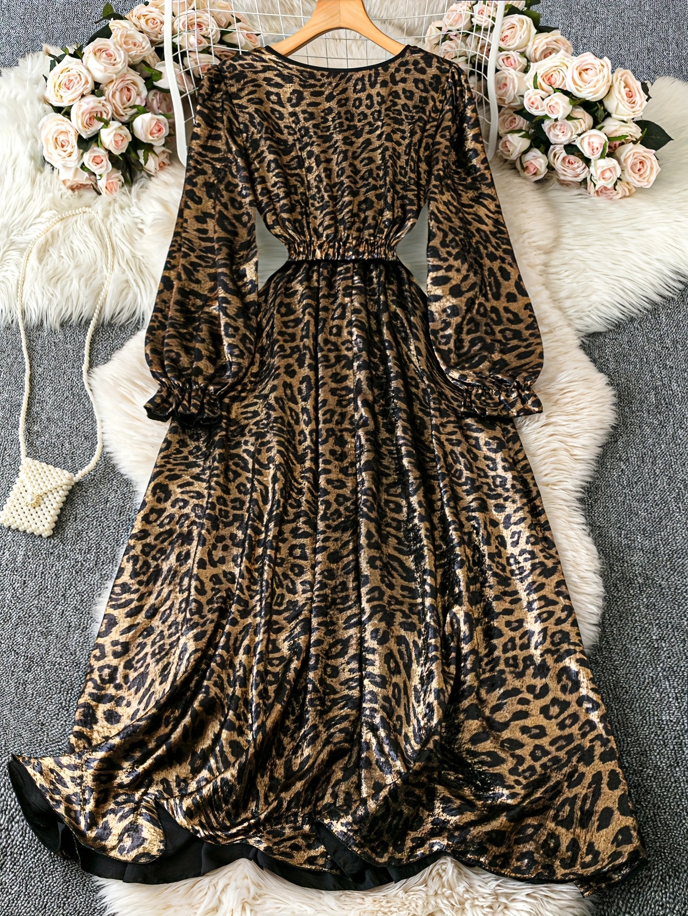 maxi dress with high slits Waist Fitted High Slit Long Sleeve Maxi Dress