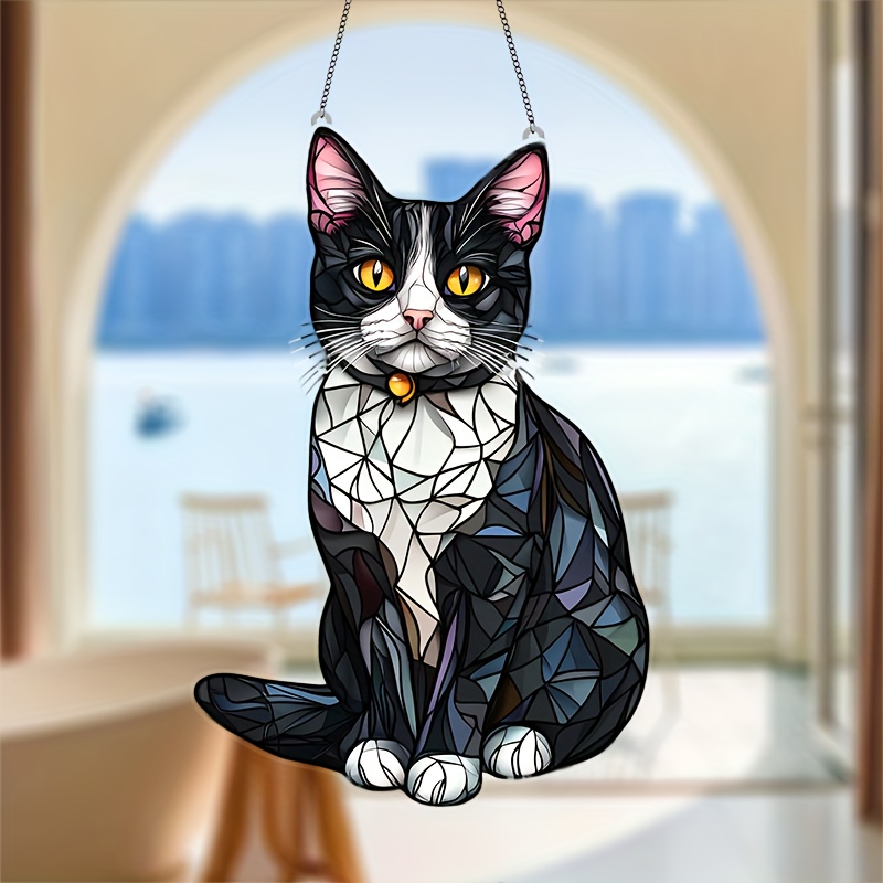 

Tuxedo Cat Acrylic Suncatcher - 5" X 8" Stained Glass-style Window Hanging, Perfect Gift For Cat Lovers, Ideal For Home & Garden Decor, Cat Decor, Window Accent, Bedroom & Office, Wall Sculptures