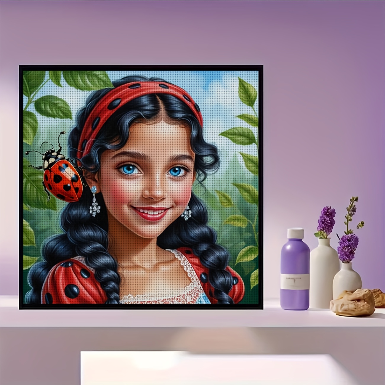 Printed DIY Cross Stitch Kit, Little Girl with Ladybug Pattern