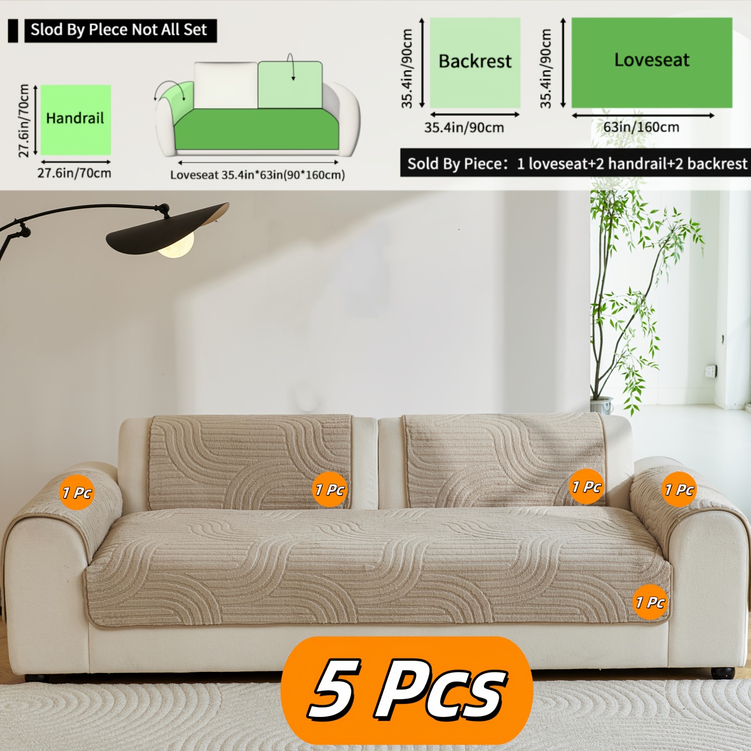 TEMU 5pcs Solid-color Chenille Non-slip Sofa Cushion Set For Autumn And Winter - Machine-washable, Pet-friendly, Full-set Sofa Protection Pad,