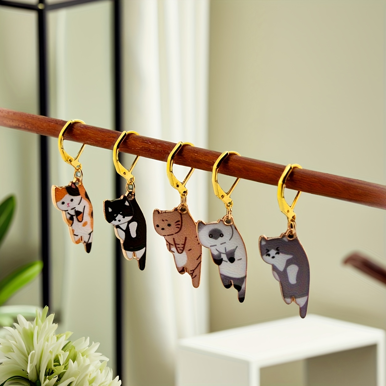 5pcs Cutie Cats Markers | Metal, Mixed Color Markers For Knitting And Crochet