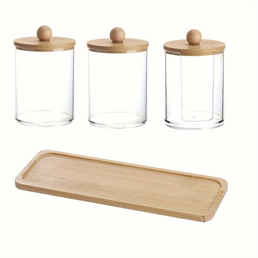 Set Of 3 Clear Bathroom Containers For Storing Swabs, Balls, Or Pads, Featuring Oz Qtip Holder And A Vanity Tray