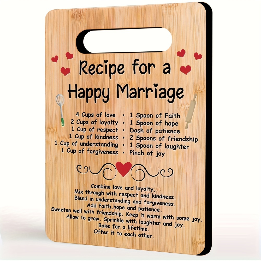 

Bamboo Cutting Board With Happy Marriage Recipe - 1pc Wedding Gift For Couple, Unique Bridal Shower & Engagement Present, Engraved Kitchen Chopping Block For Weddings & Anniversaries