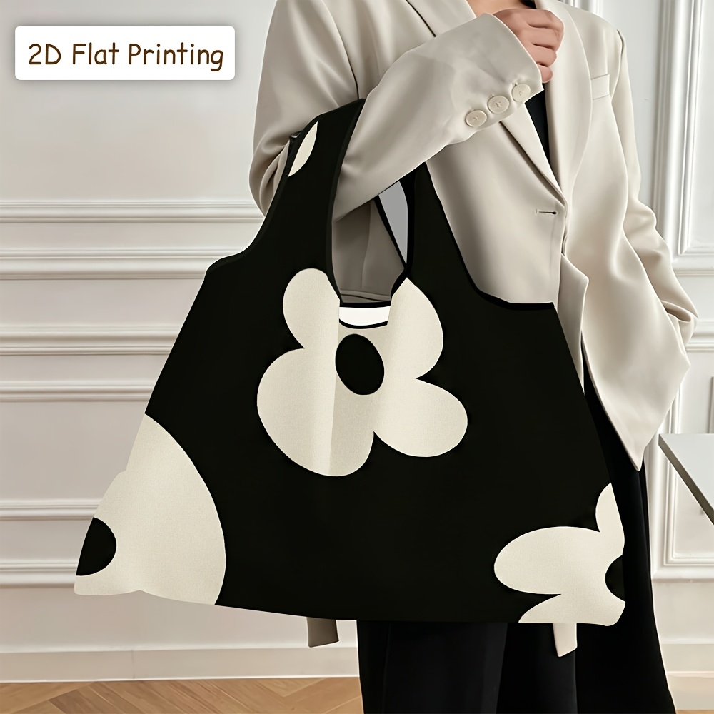 TEMU 1pc Women's Portable Tote Bag With Black & White Print - Cute Rectangular Handbag Suitable For Daily ,, Shopping, Gift, Suitable For Commuting,