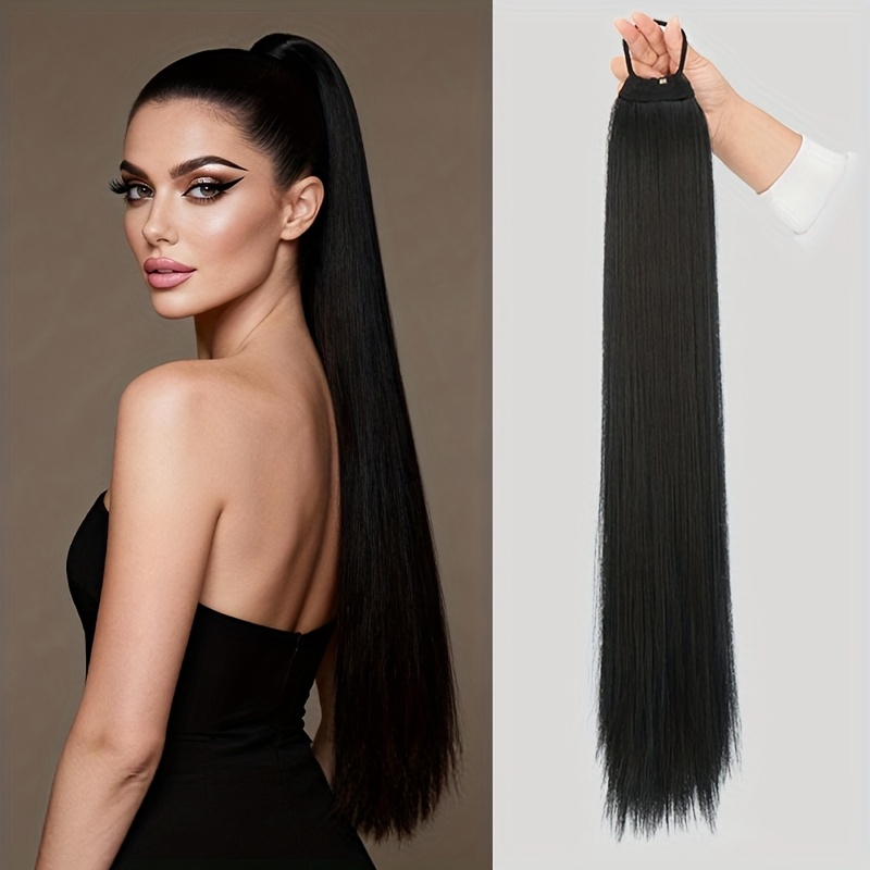 Image of Long Black To Blonde Ombre Ponytail Extension - High-temperature Synthetic Straight Hair For Women, Perfect For Daily Wear, Christmas Parties, And Stylish Outfits