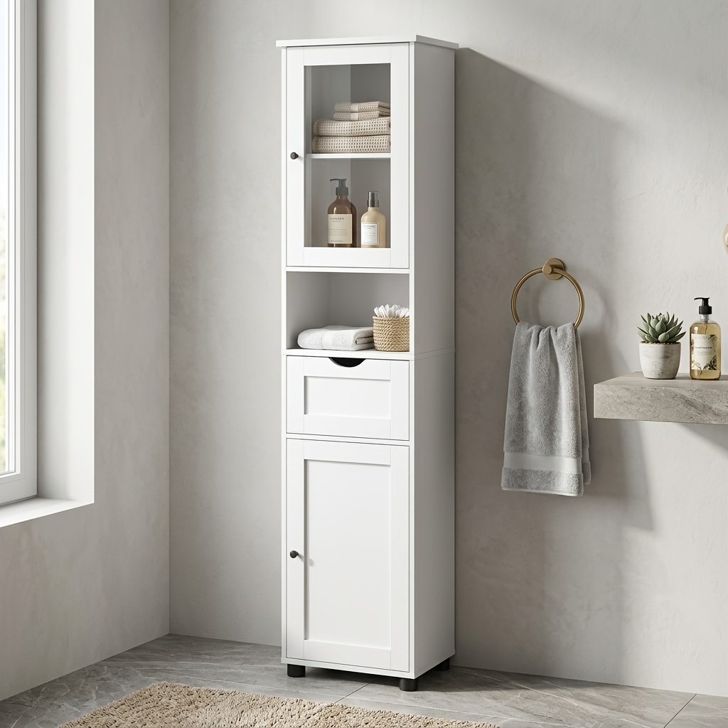 TEMU Armario de Baño, Armario de Almacenamiento de Baño Delgado con Estante Abierto, Puerta de Vidrio, Estantes Ajustables, Diseño que Ahorra ,