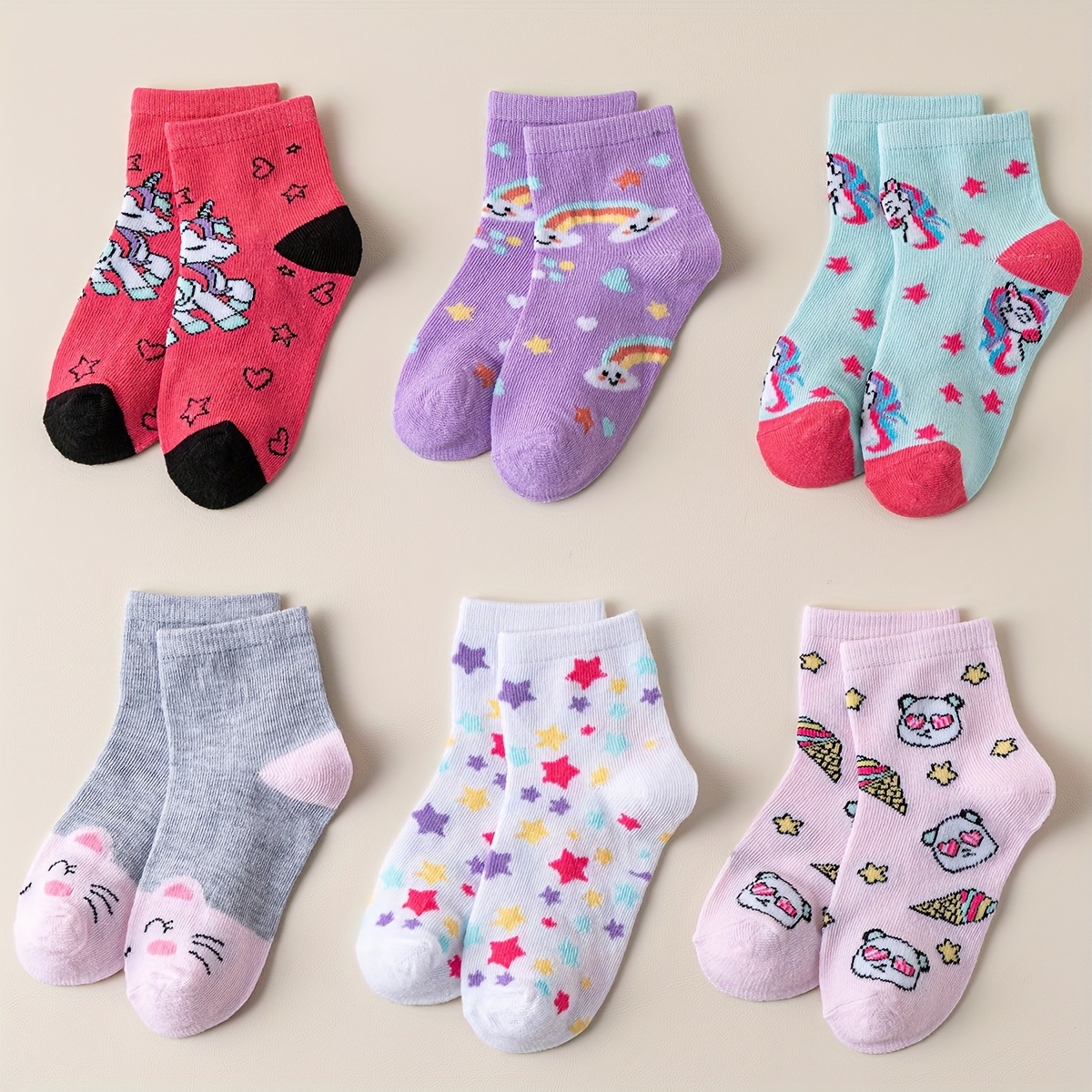 Image of 6/12 Pairs Of Cute Cartoon Socks For Girls - Unicorn, Rainbow, Star & Cat Designs | Soft Polyester Blend, Breathable & Comfortable For Home & Play
