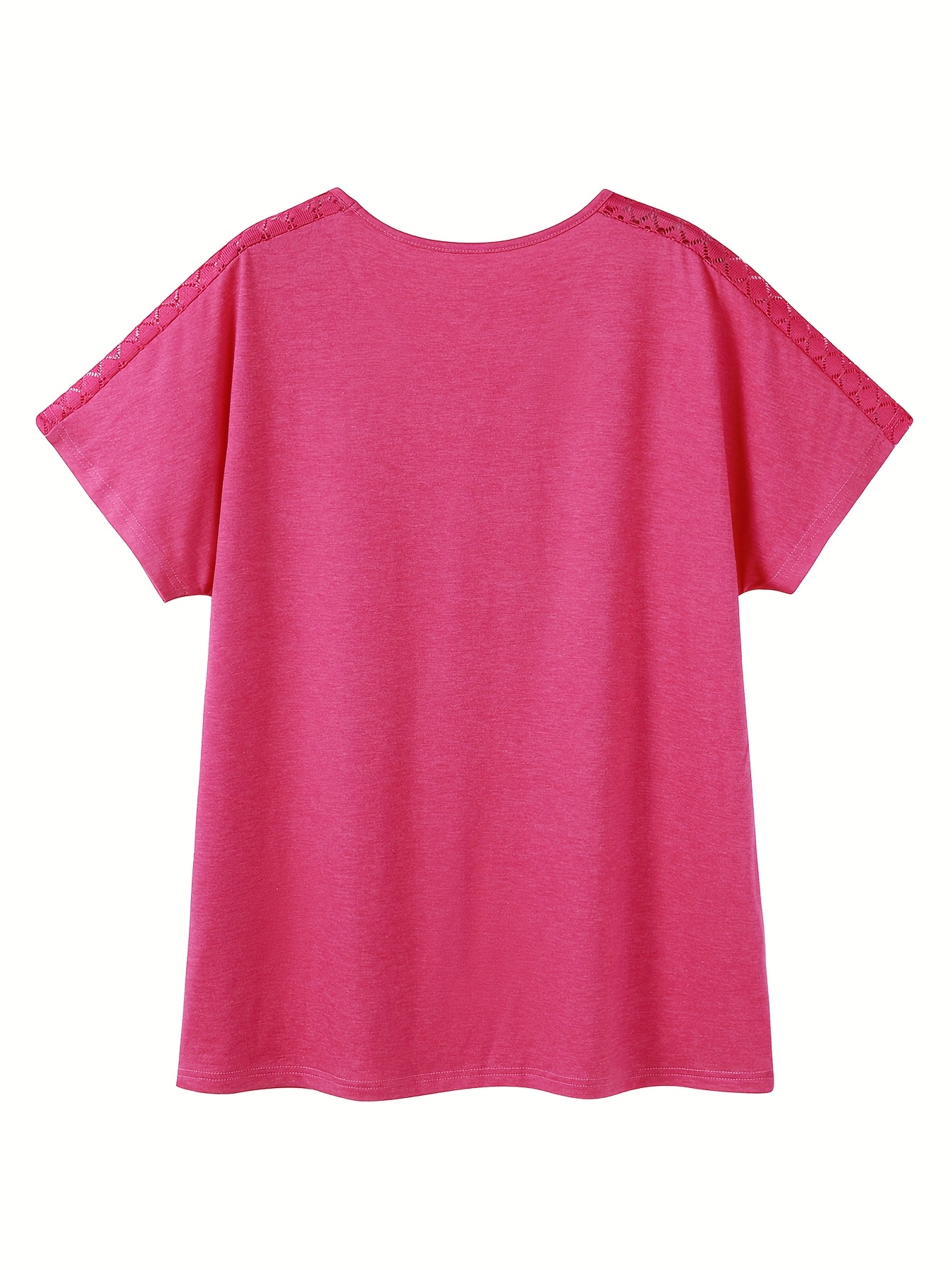 Women'S Plus Size 2024 Summer Fashion V-Neck T-Shirt - Pink with Lace Detail, Short Sleeve, Lightweight & Stretchy Fabric, Casual Wear, Casual Wear Tee | Lace Trim Top | Comfortable Fit, Plus Size Shirts