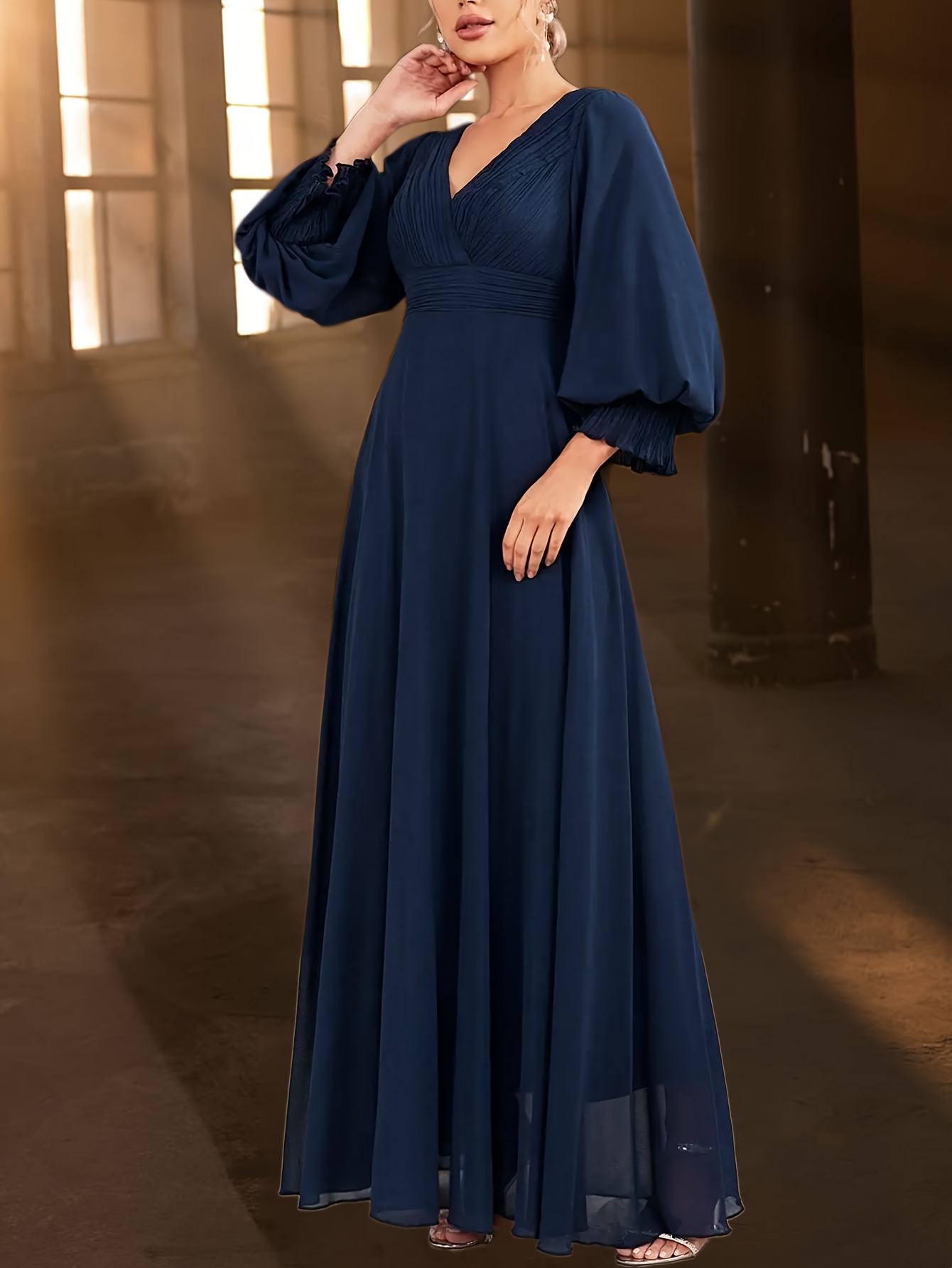 white christmas dresses Solid Lantern Sleeves Layered Ruffle Hem Chiffon Dress – Elonnashop main image 1
