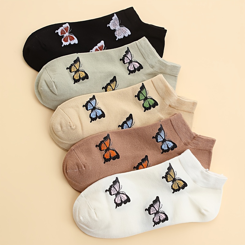

5 Pairs Butterfly Print Socks, Trendy & Comfy Crew Socks, Women's Stockings & Hosiery