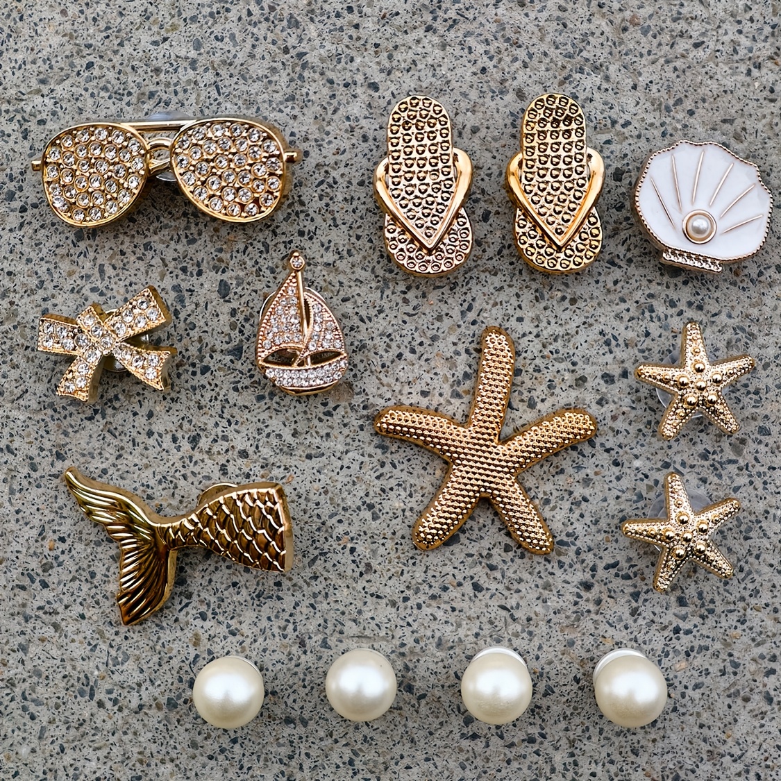 TEMU 14pcs Sandales Étoile de Mer Coquillages Etc. Chaussures de Jardin Ajouts de Chaussures, Pièces de Chaussures Amovibles Blanc Doré - Sandales de