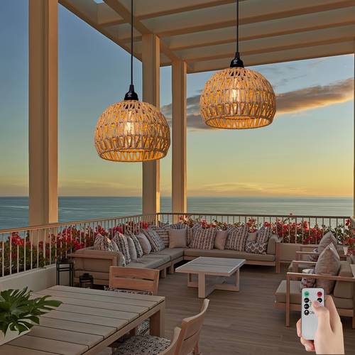 2pcs battery powered chandeliers with remote control timer rattan shade adjustable warm white led bulbs suitable for home patio gazebo decorative lighting outdoor chandeliers for patio patio lighting durable lighting batteryoperated lights patio decor rustic lighting shade