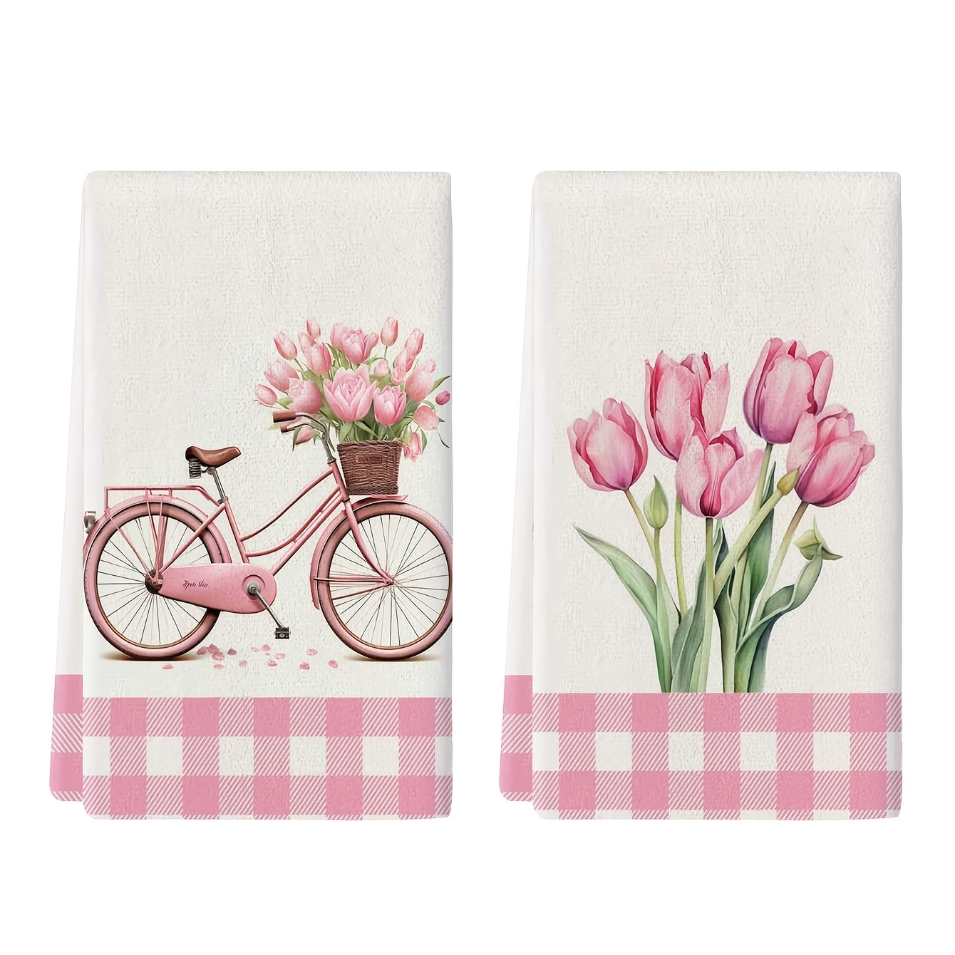 TEMU Cleaning Cloth 2pcs Kitchen Towels, Pink Tulip Pattern Printed Kitchen Towels, Farmhouse Style Decor, Super Soft And Highly Absorbent Mop,