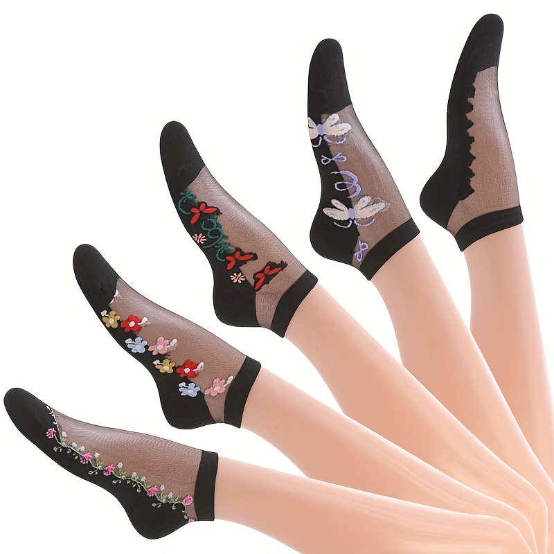 E-shop 5-Pack Damen Knöchelsocken, Kristallglas-Socken mit Stickerei, Feuchtigkeitsableitende Atmungsaktive Socken für Frühling Sommer, Modische Kurze