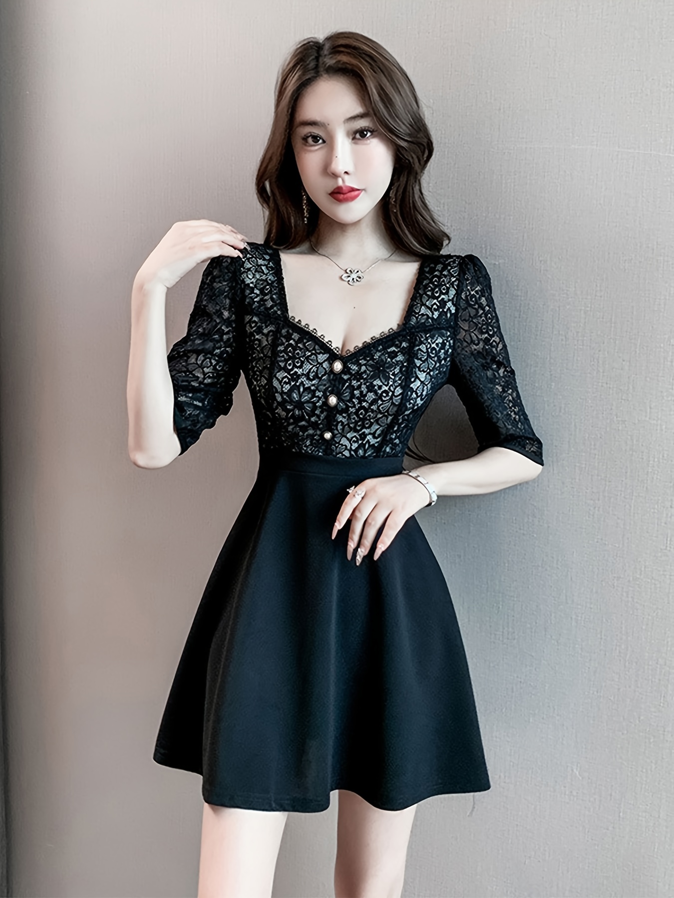 Floor Length Long Sleeve Skater Black Skater Dress Lace Elegant Black Lace  A-line Spaghetti Strap