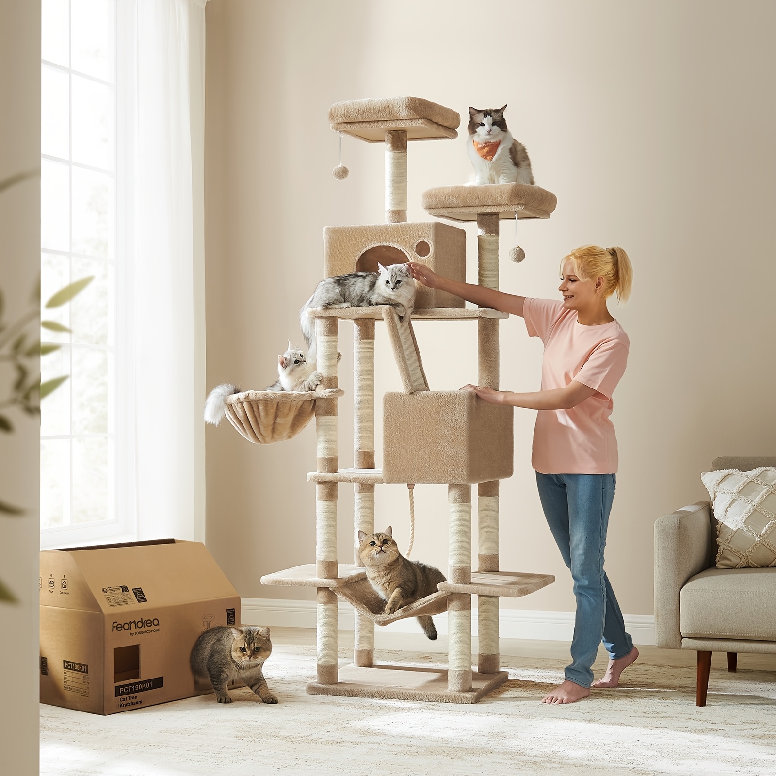 E-shop Großer Kratzstuhl, 206 Cm Höhe, XXL-Katzenbaum, Mit 13 Kratzstühlen, 2 Plattformen, 2 , Korb, Hängematte, Plüschbälle, Mehrstöckiger Kratzstuhl