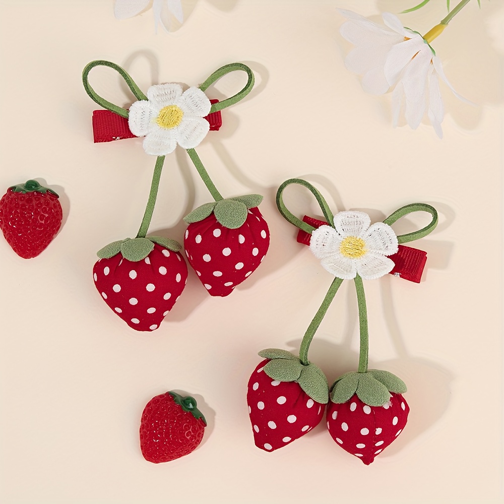 Image of 2pcs Adorable Strawberry Shaped Hair Clips Red Polka Dot Fabric Strawberries With Green Leaves Ideal For A Sweet And Touch To ' Hairstyles, Suitable For Daily Wear Or Parties