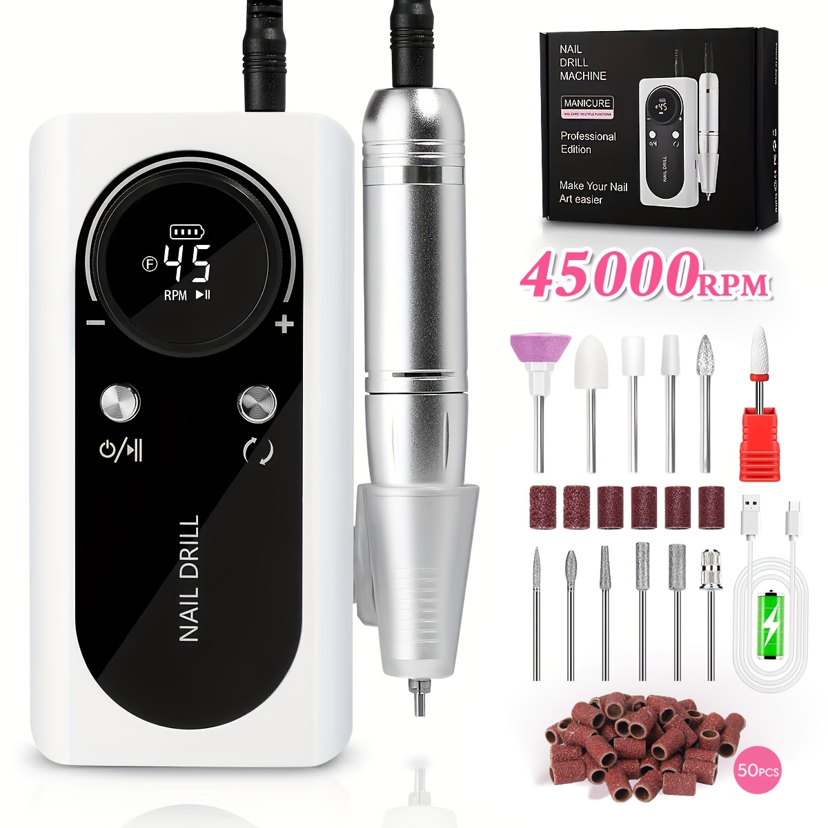 TEMU 45000rpm Electric Nail Drill Machine With Lcd Display Rechargeable Manicure Machine For Polishing Gel Nail Polish