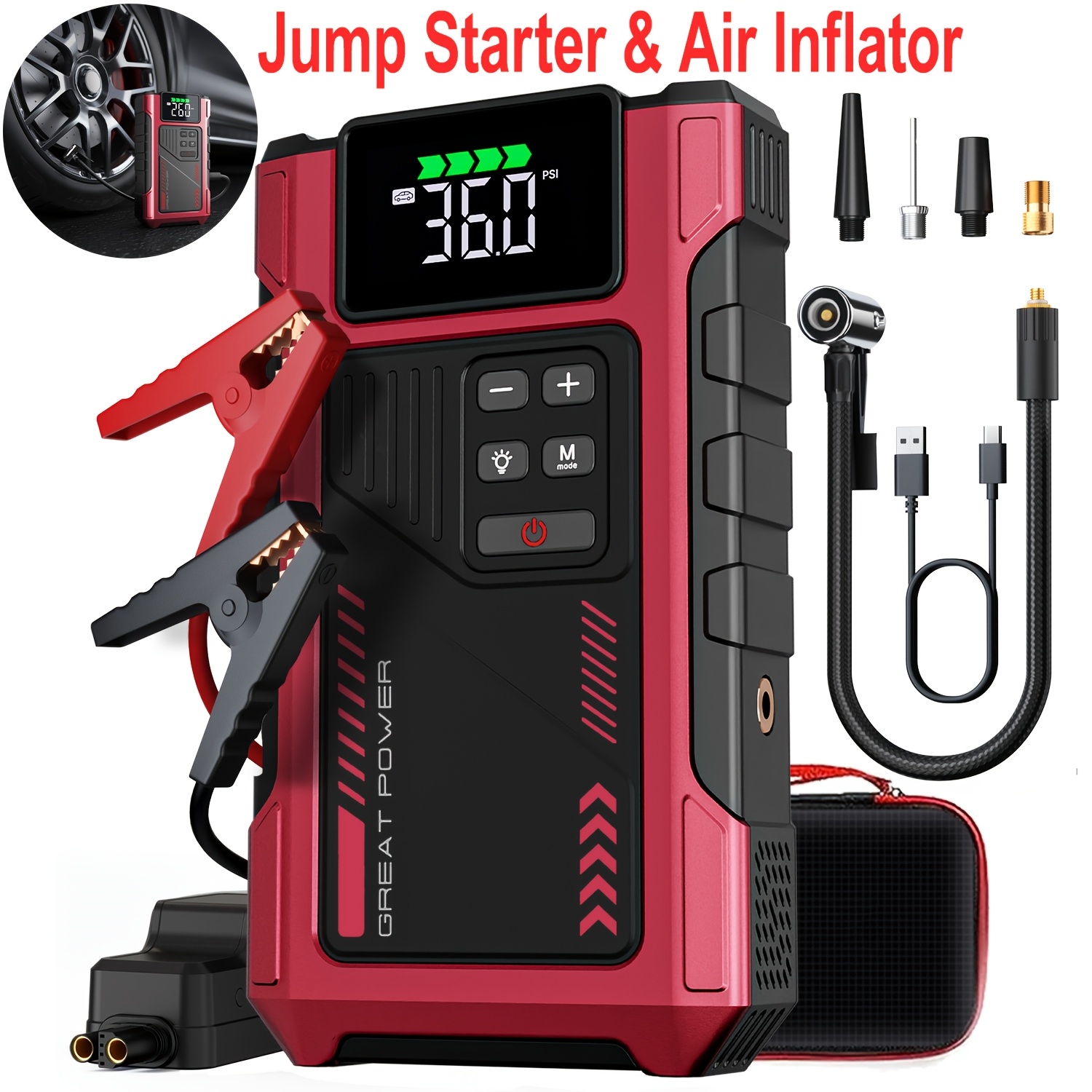 TEMU Portable Car Jump Starter, Jump Starter With Air Compressor, 8000a Battery Jump Starter.jump Box For Car Battery, 12v Portable Heavy Duty Jump