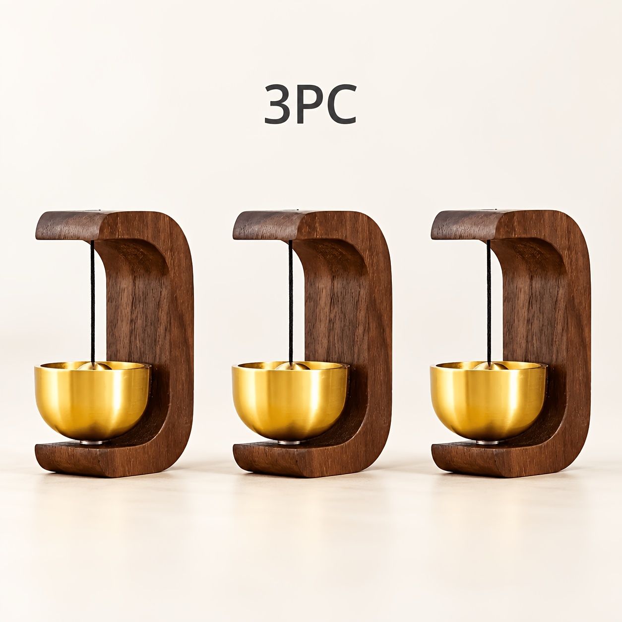 Image of 3pcs-magnetic Doorbell With Wind Chime - Natural Wood & Brass Design, Battery-free Operation With Adhesive Backing For Elegant Entryway And Bedroom Decor