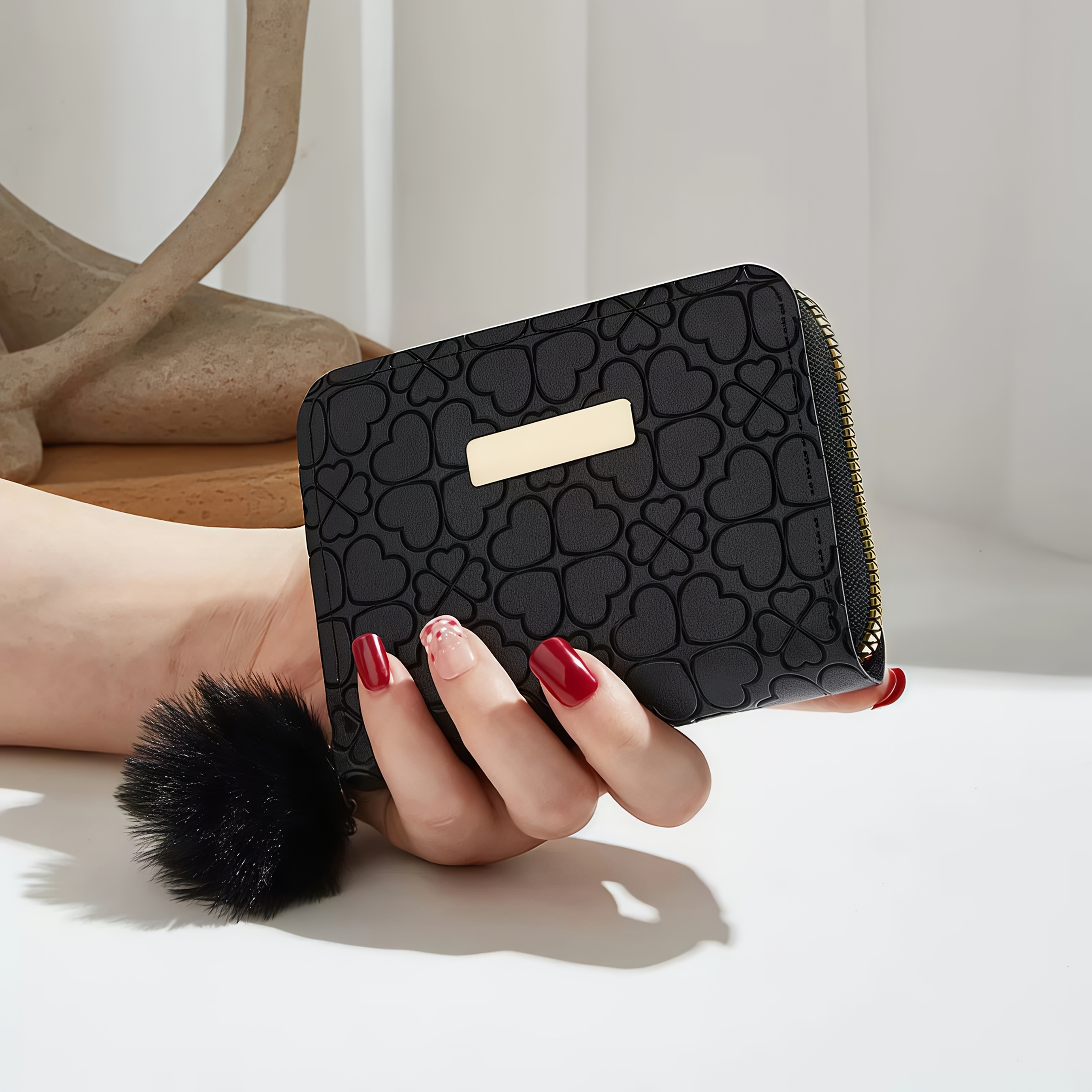 TEMU Hot New Minimalist Clutch Bag 2026 New Zipper Ball Short Mini Solid Color Love Print Heart Women's Card Holder Coin Purse
