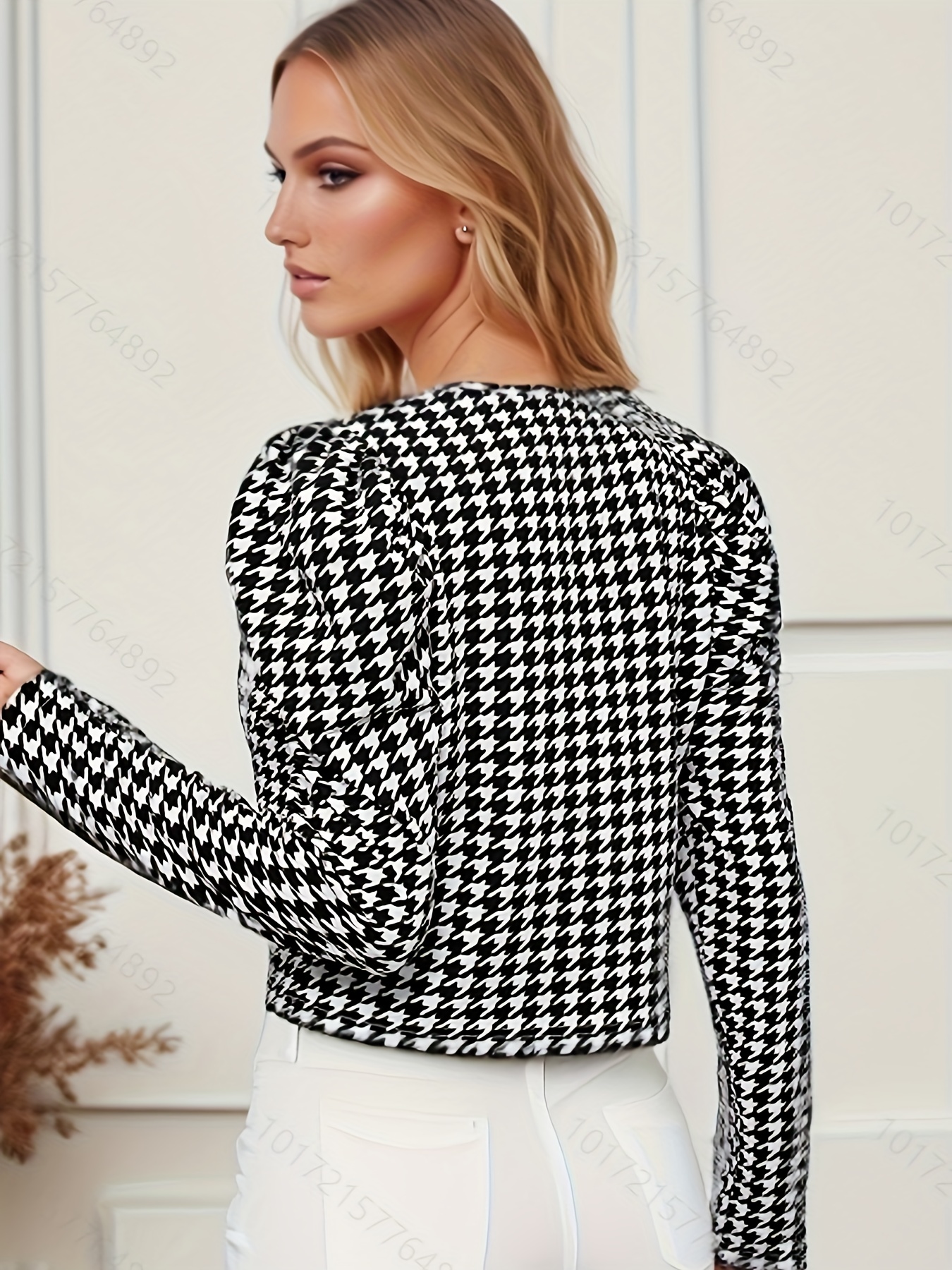 Houndstooth Pattern Open Front Jacket, Elegant Puff Sleeve Outwear For Spring & Fall, Women's Clothing