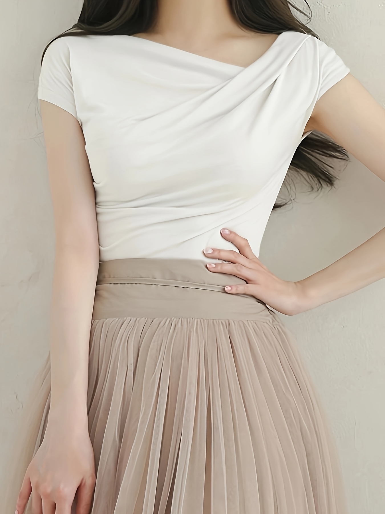 Women's Elegant Asymmetrical Neckline Ruched Slim Fit Short Sleeve T-Shirt - Solid Color, Medium Stretch, Spring/Summer Casual & Formal Wear, Ladies T Shirts, Summer Outfit, Chic Style, Stretchy Fabric, Fitted Shirt, Summer Wardrobe