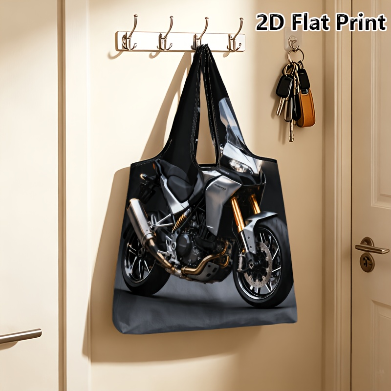 1pc 2d flat print cool motorcycle pattern shopping bag for grocery shopping travel outing and   carry use