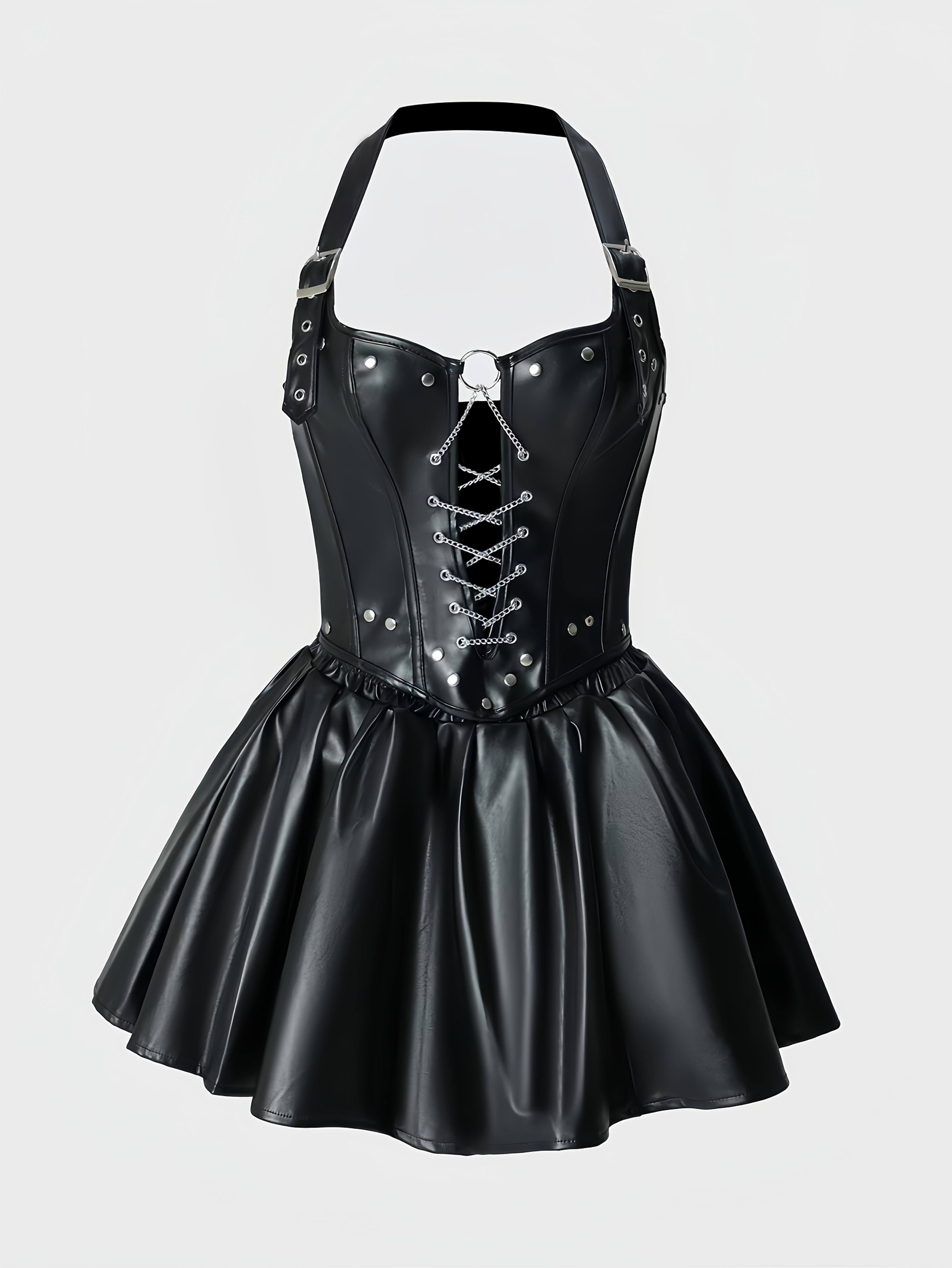 1pc Y2K Style Women'S Faux Leather Corset and Pleated Skirt Set, Sexy Hollow-Out Front with Metal Chain Detail, Cross Lacing Charm, Deep V-Neck, Stretch Fabric, Solid Color, All Seasons