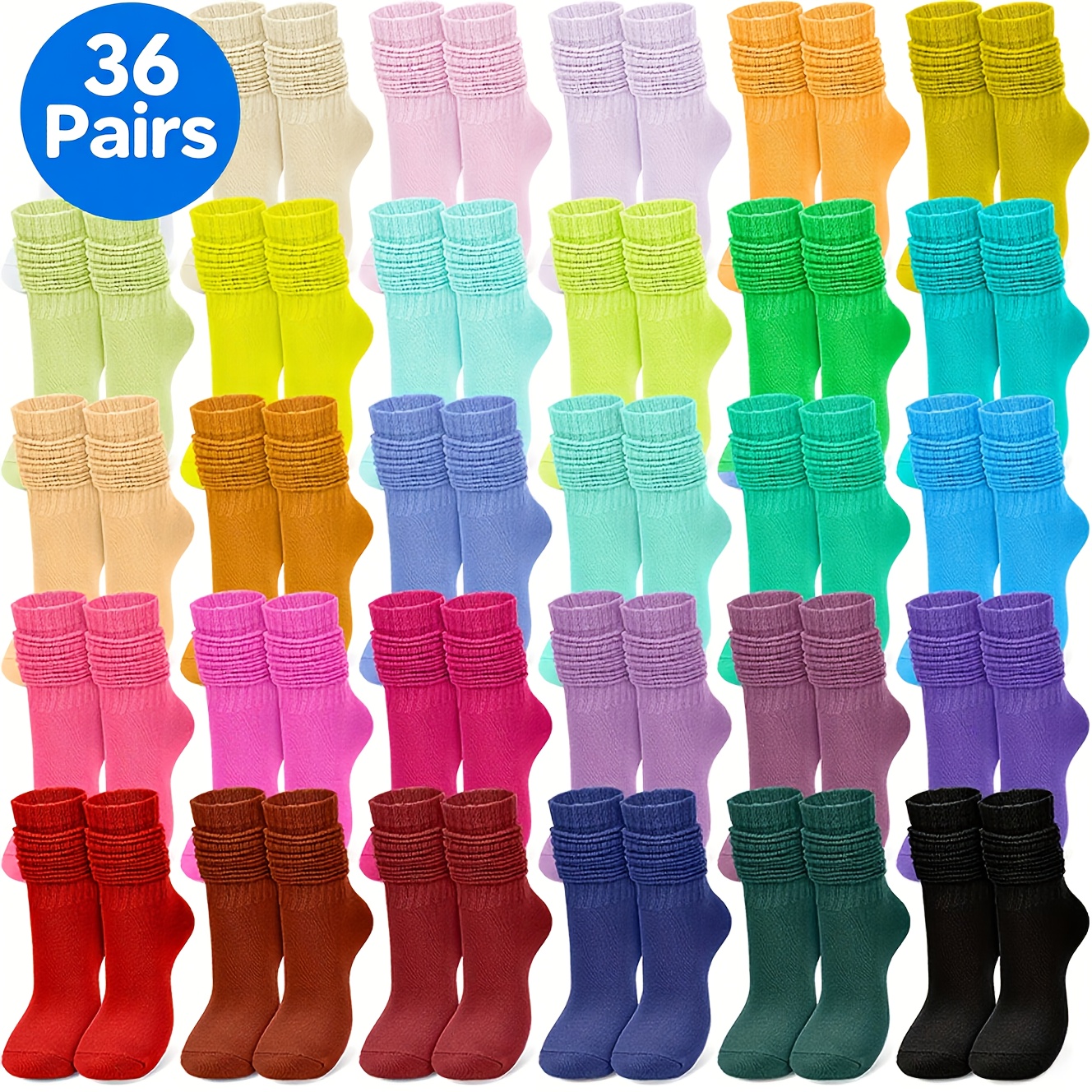 TEMU 36 Pairs Of Candy Color Pile Socks, Mid-calf Pleated Socks, Fashionable And Versatile, Rich In Colors, Essential For Stocking Up, Women's Home Socks