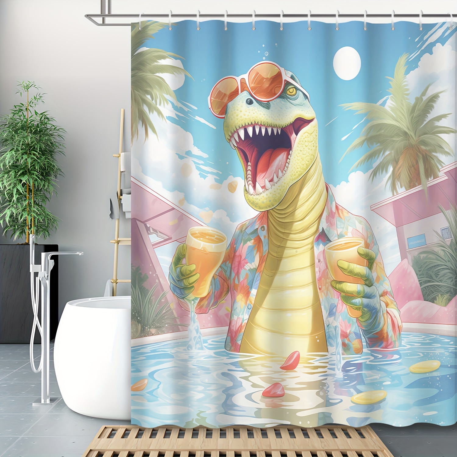 Summer Pool Dinosaur Printed Shower Curtain Waterproof - Temu