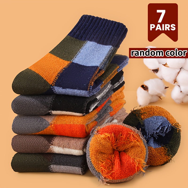 Image of 7 Pairs Of Men's Autumn And Winter Warm Socks, Cold-proof Fleece-lined Mid-tube Socks, Soft And Comfortable Terry Knitted Socks, Suitable For Indoor And Outdoor Activities, Color Random