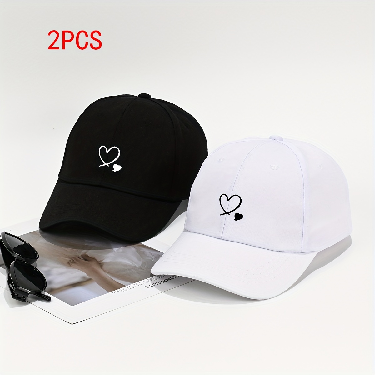 TEMU 2pcs Women's Adjustable Baseball Caps With Love Heart Design - Breathable, Sun-protective & Stylish For Outdoor Sports, Travel & Beach Vacations