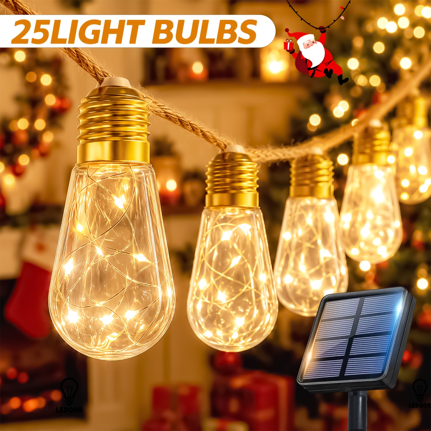 TEMU 1 guirlande lumineuse solaire d'extérieur, 10/25 ampoules, guirlandes suspendues en corde de , 8 d'éclairage, capteur de lumière marche/arrêt