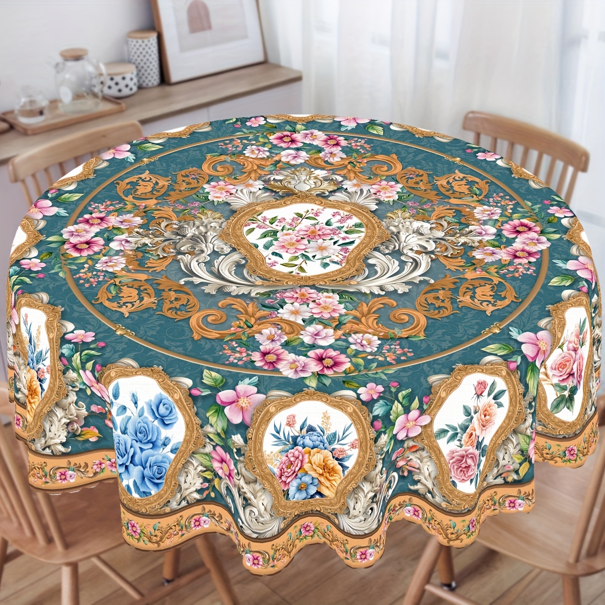 Tischdecke Rund Runde Tischdecke Mit Blumenmuster – Hortensien, Vintage-Stil, Elastischer Rand, Ø Ca. 102 Cm, Polyester, Wasserdicht, Für Partys & Camping