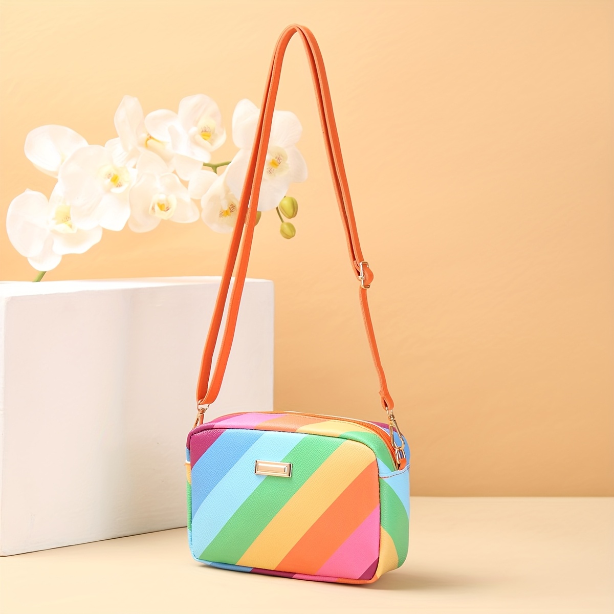 trendy rainbow striped crossbody bag women colorful retro Temu