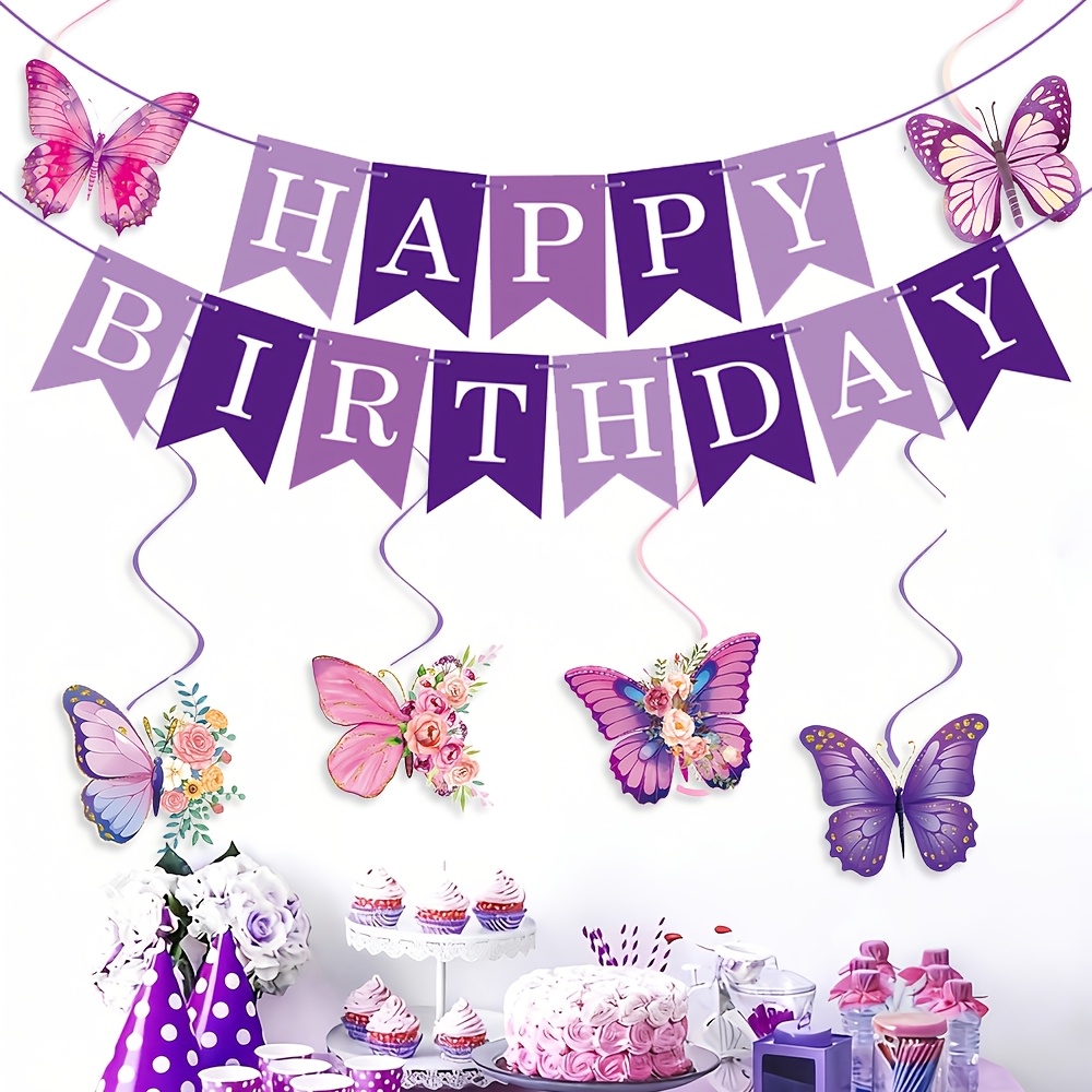 Image of Purple Birthday Decorations, Happy Birthday Banner Withbutterfly Hanging Swirls,happy Birthday Party Decorations
