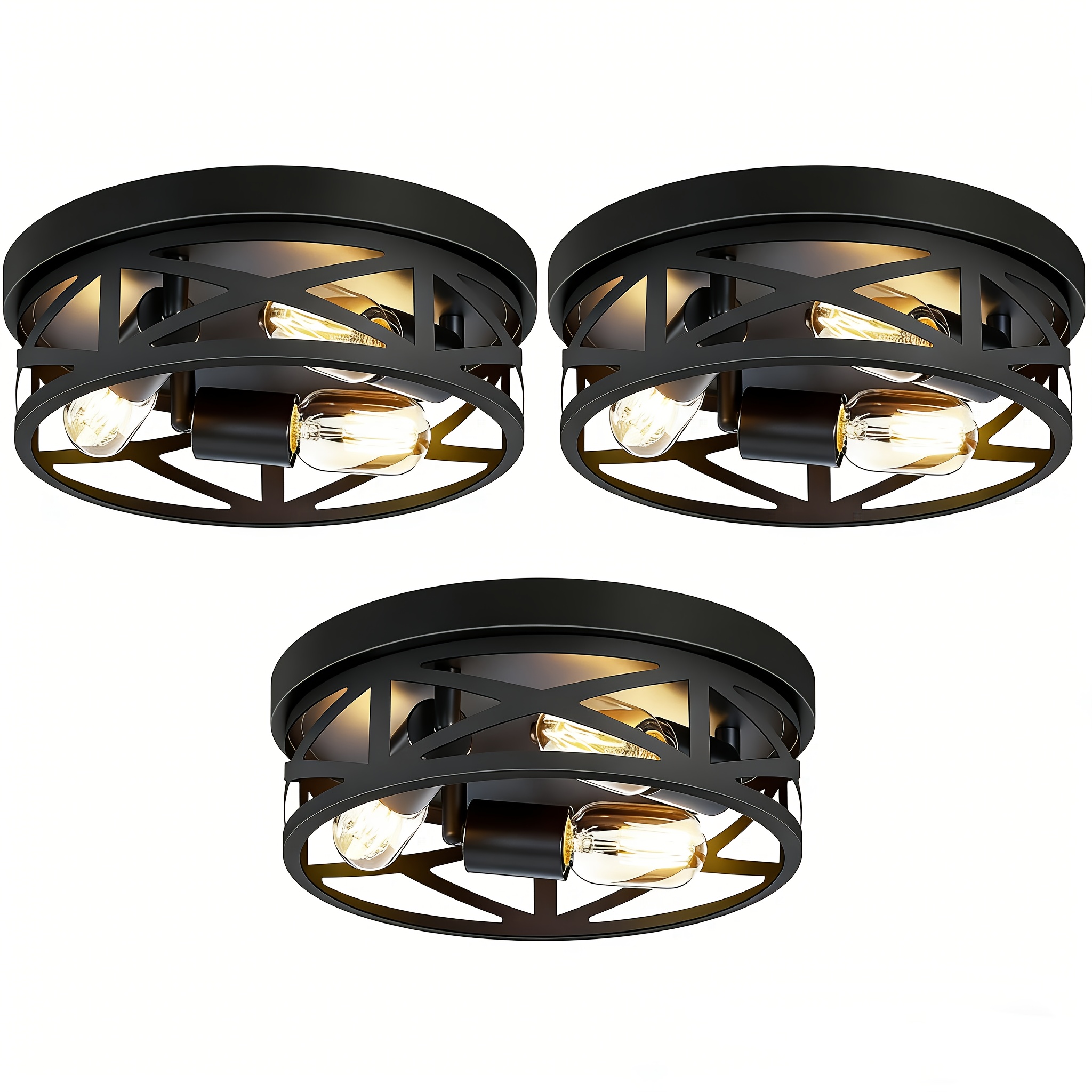 TEMU 3 pièces, Lampes de Plafond Style Ferme à 3 Lumières, Style Moderne, Style Industriel, Cages en Métal Noir, Lampes de Couloir, Adaptées pour