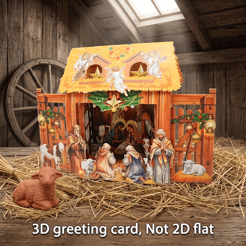 TEMU 3d Pop-up Pull-out Movable Nativity Scene Christmas Card (with Envelope) Retro Stable Cow Sheep Holy Family Foldable 3d Paper Card, Christmas