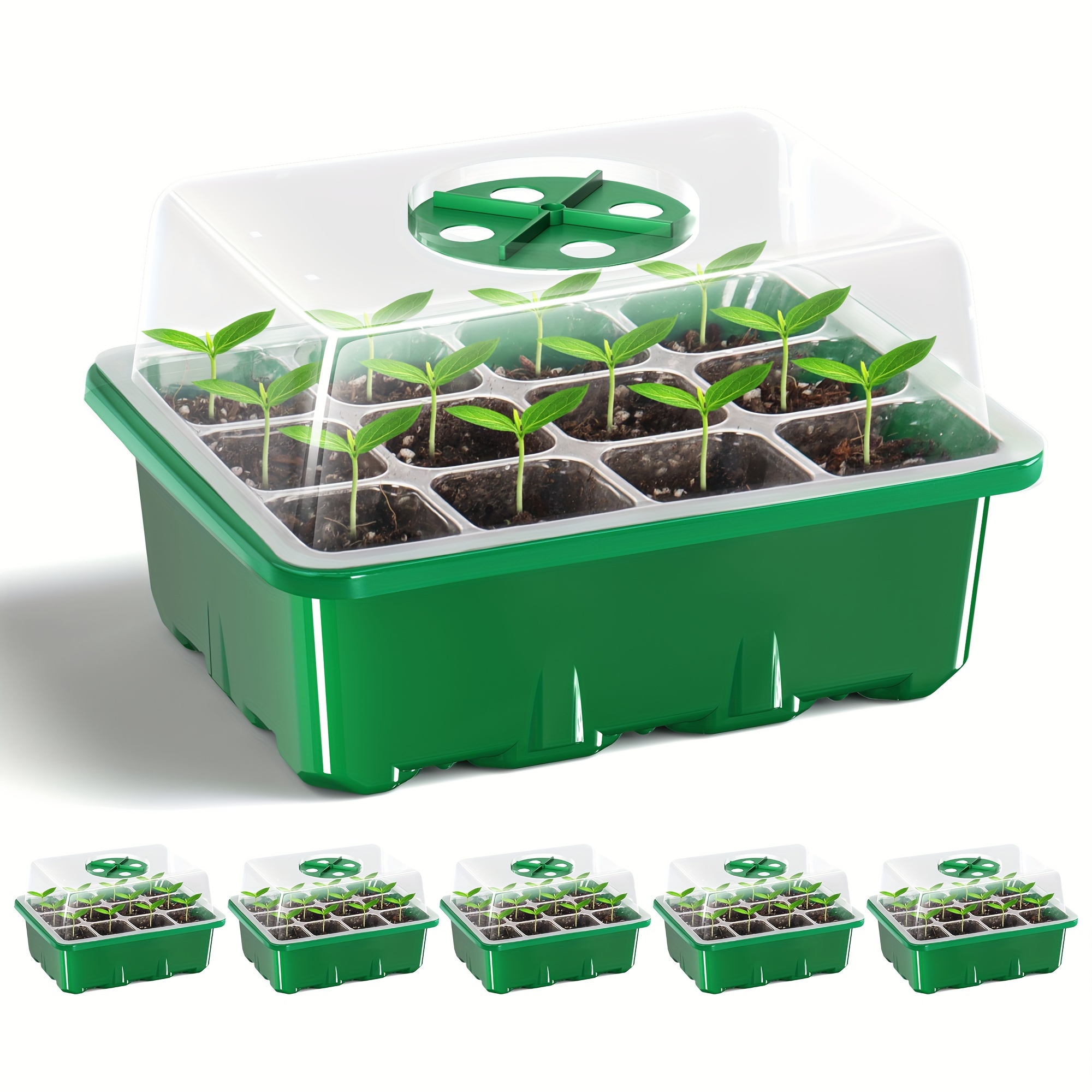 

Gkkown 5pcs Seed Trays With Elevated , 60-cell Thickened Design, Adjustable Humidity Vent, Clear Tray For Greenhouse & Garden Use - Green